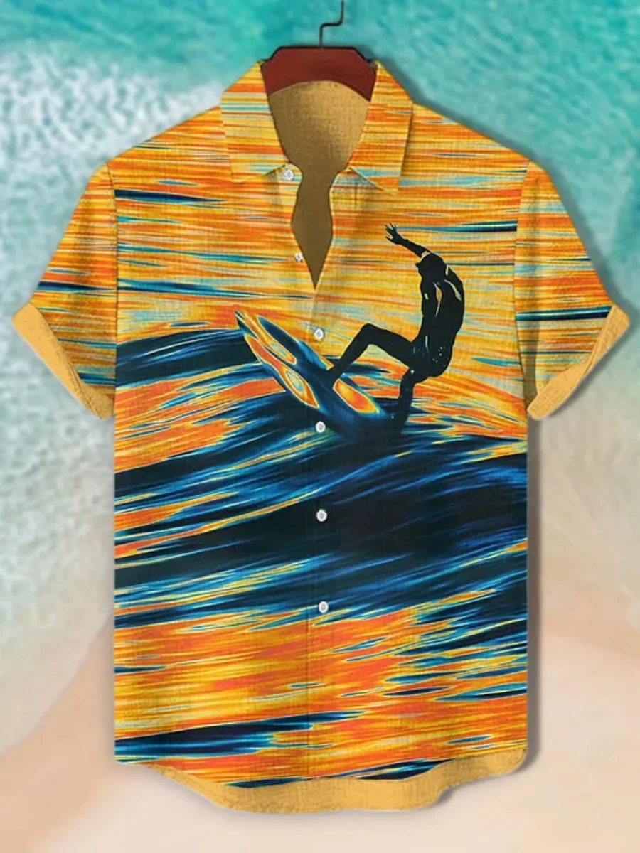 2026 new summer men's surf printed short-sleeved shirts, casual resort style Hawaiian beach shirts, trendy resort tops for men