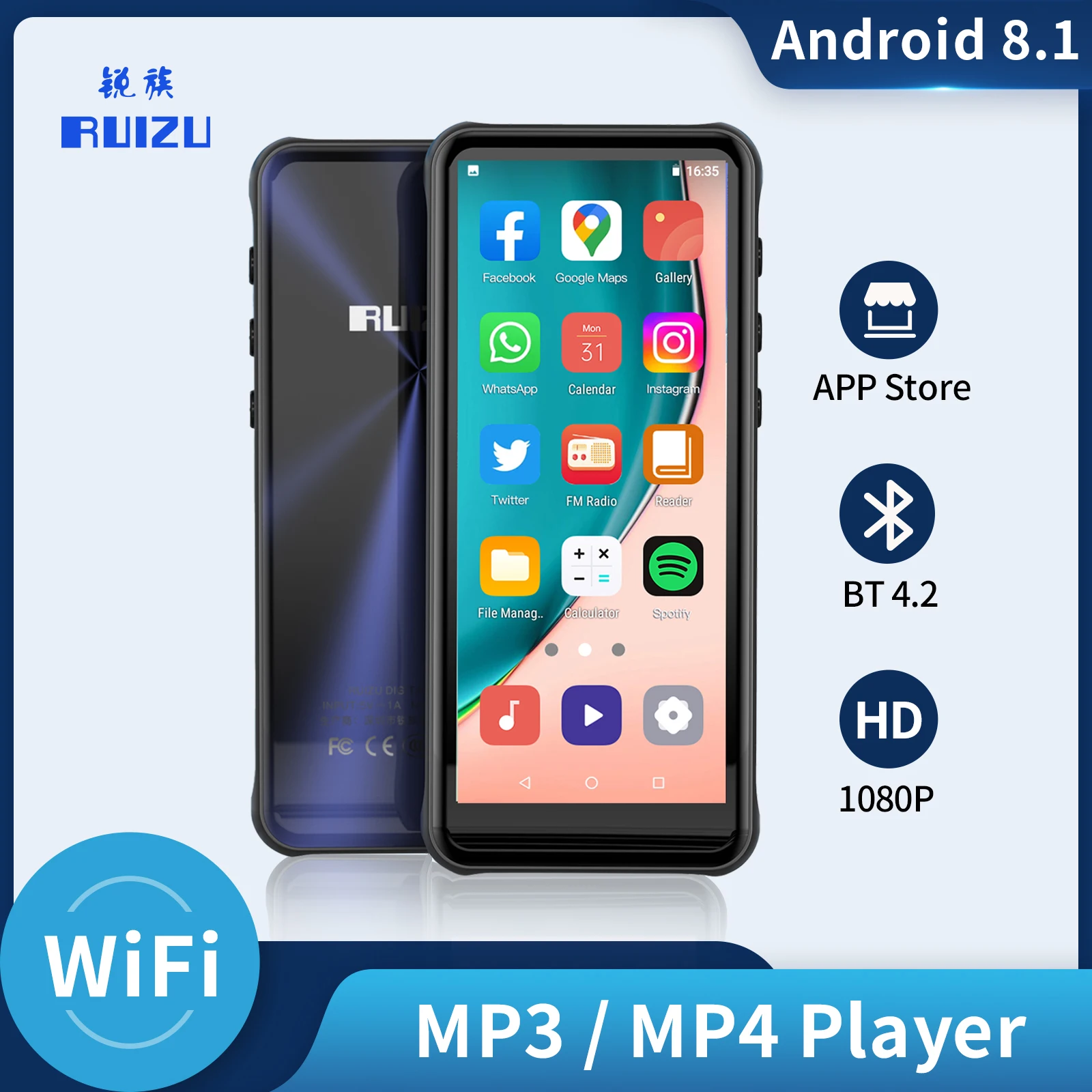 RUIZU Z80 Android WiFi  MP4 MP3  Music  Player With Bluetooth Full Touch Screen 16GB HiFi Sound  Walkman Support APP Download