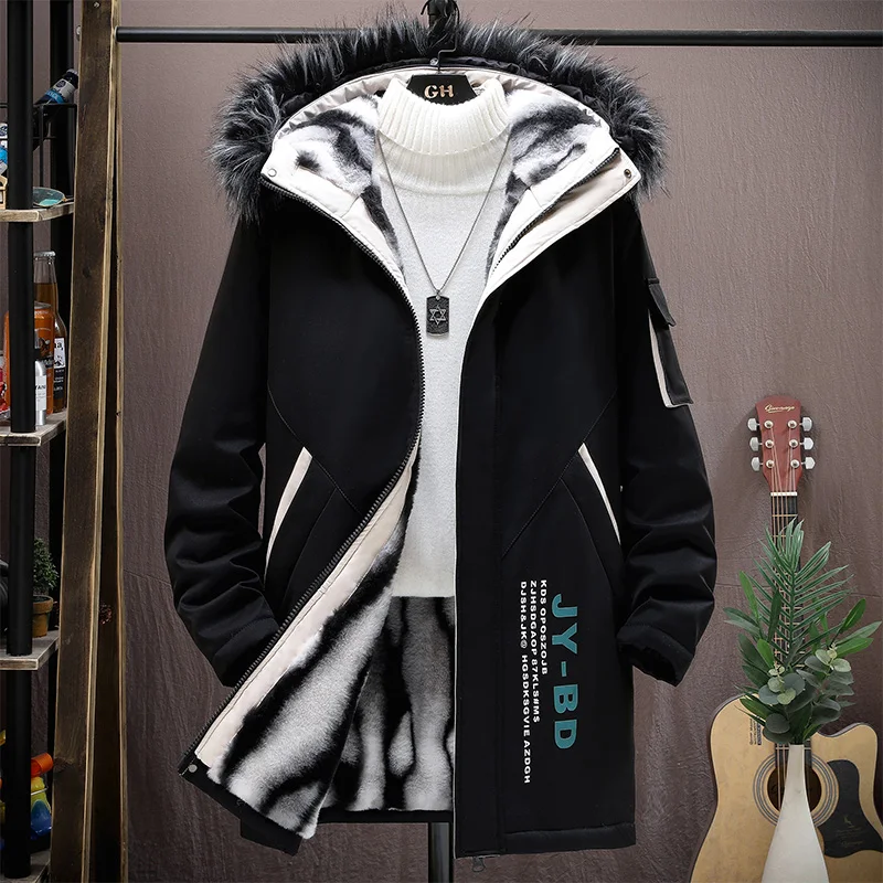 Winter Warm Coats Men High Quality Hat Wool Collar Long Cotton Jacket Man Velvet Thick Warm Cotton Men\'s Fashionable Coat