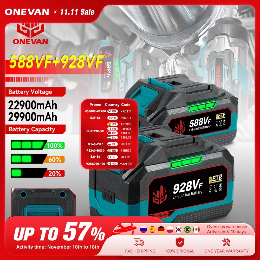 Bateria de Lítio 928vf 29900mah Recarregável 588vf 22900mah Indicador de Capacidade Chave Elétrica Ferramenta Elétrica para Makita 18v Bateria