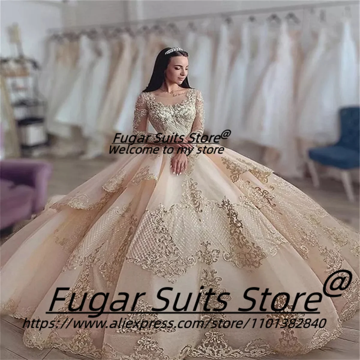 Luxuly High-end Gold Appliques Shiny Sequins Quinceanera Dresses Prom Party Long Sleeves vestidos 15 años quinceañera