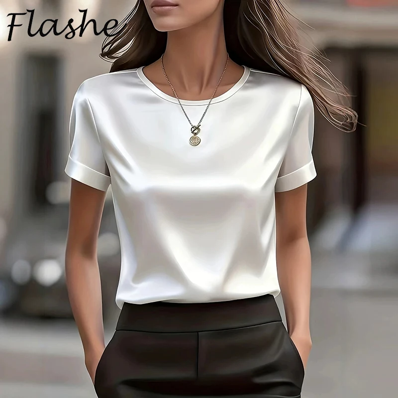 Sommer-Seiden-T-Shirts für Damen mit O-Ausschnitt, schwarz-weiße Satin-Shirts für Damen, elegante, lockere T-Shirts, modische Oberteile für Bürodamen