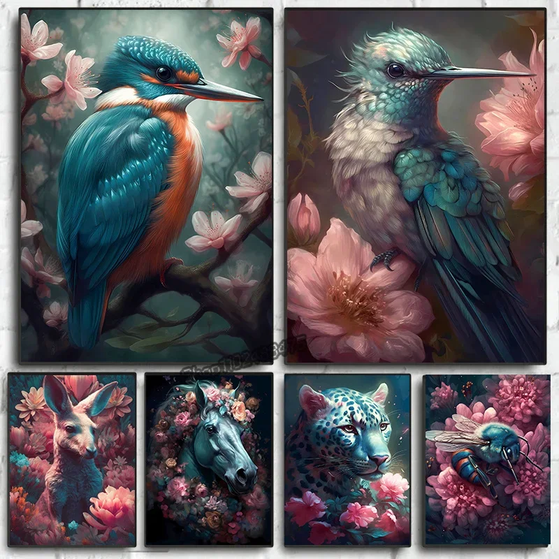 Canvas Print Set Fantasy Floral  Animal Wall Art  Hummingbird Kingfisher Horse Pictures for Living Room Decor