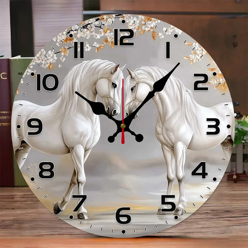 Reloj de pared colgante silencioso redondo de madera con tema de caballo blanco, adecuado para sala de estar, oficina, sala de estudio, dormitorio, decoración del hogar