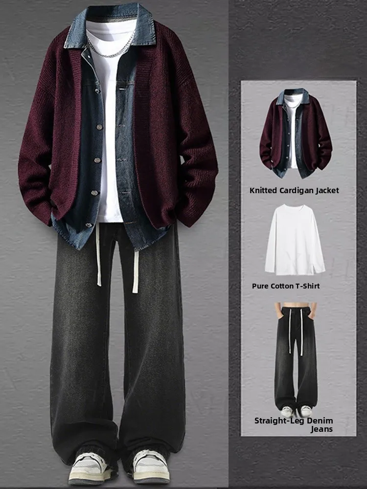 

American Sle Spliced Knitted Denim Cardigan Jaet Men's Autumn Wear Matching Whole Set Korean Sle Sweater Jeans