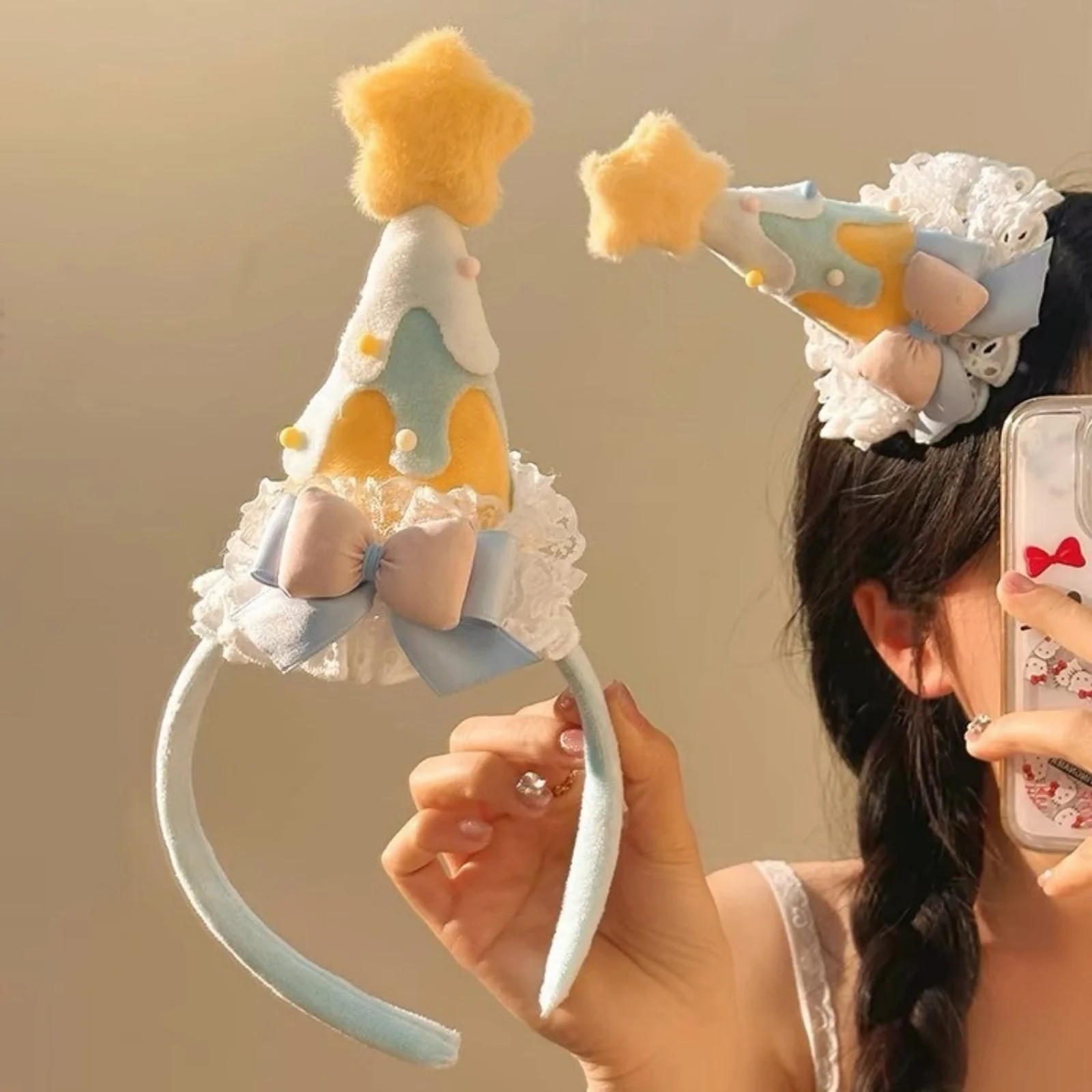 

1PC Kawaii Star Party Hat Headband, Fluffy Lace Bow Hair Accessory, Cute Pastel Color Hair Band, Lolita Style Hair Decor