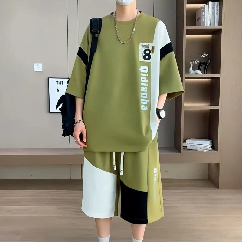 

Nylon Men's Shorts Set Graphic Print Cool Two Piece Korean Style 2025 Regular Fit Aesthetic Essential Male T Shirt Short Sets