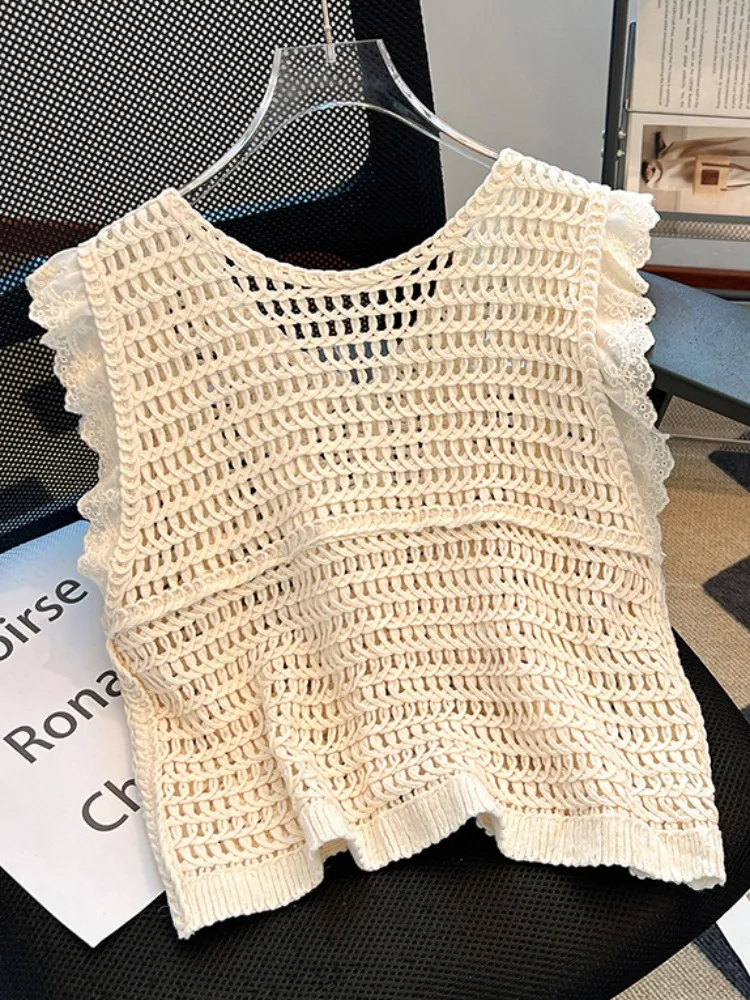 التصميم الأصلي الدانتيل تقليم ell V-Ne الجوف محبوك ort Svel سترة المرأة الصيف ملابس خارجية فضفاضة تناسب زر الديكور
