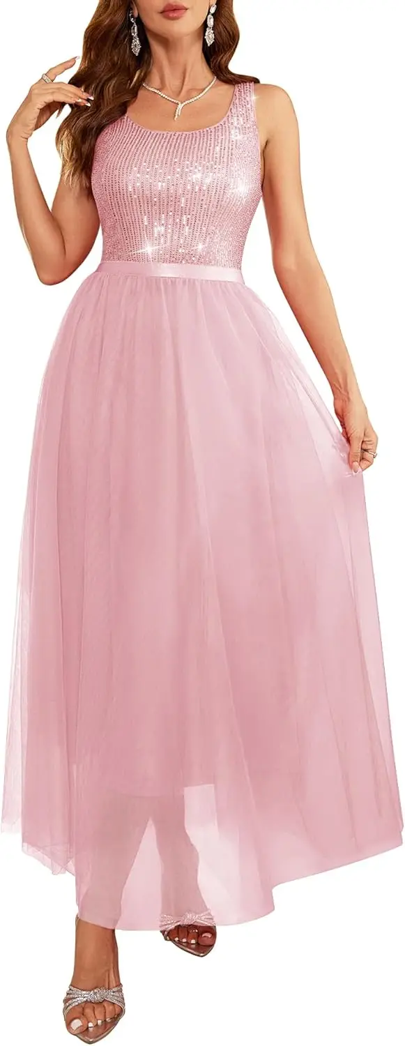 

Sequin Dress for Woman Vintage A Line Wedding Formal Swing Mesh Dress Sleeveless Cocktail Maxi Gowns