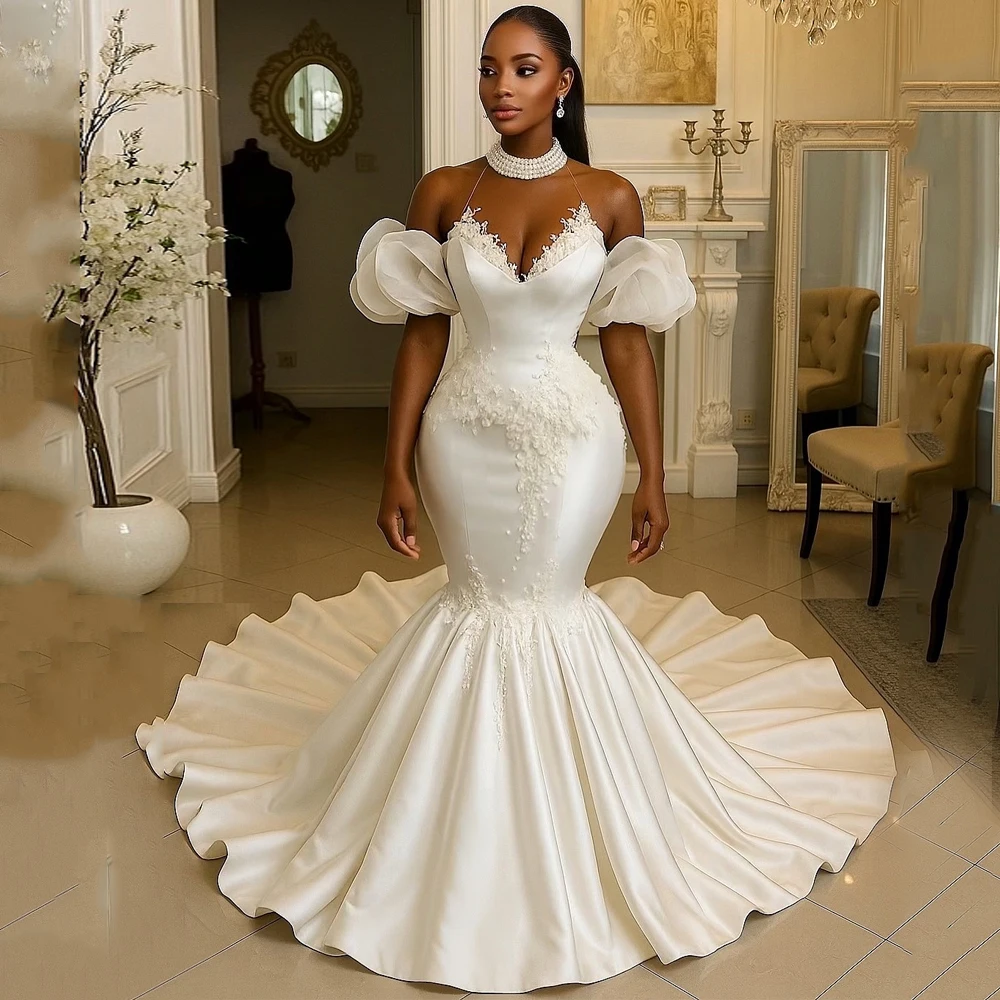 

African Long Mermaid Wedding Dresses High Neck Off Shoulder Ruffles 3D Floral Pearls Royal Train Bridal Gown Garment Customsized