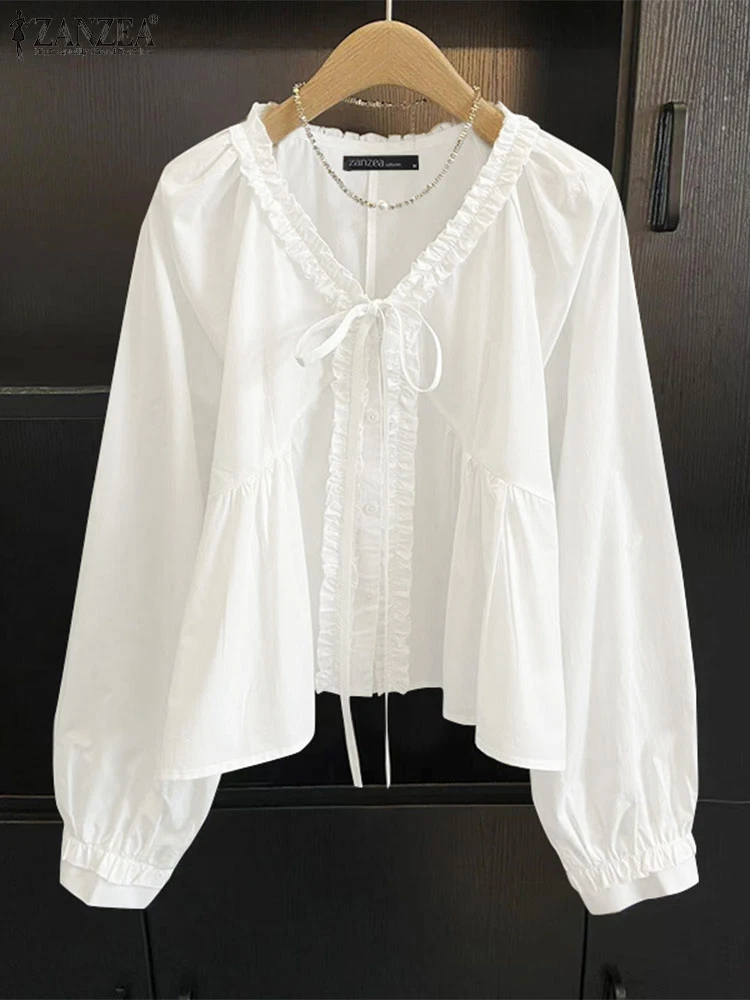 

ZANZEA Holiday Korean Bandage 2025 Tunics Women Blouse Summer Spring Long Sleeve Shirts Fashion Ruffled Stitching V-neck Tops