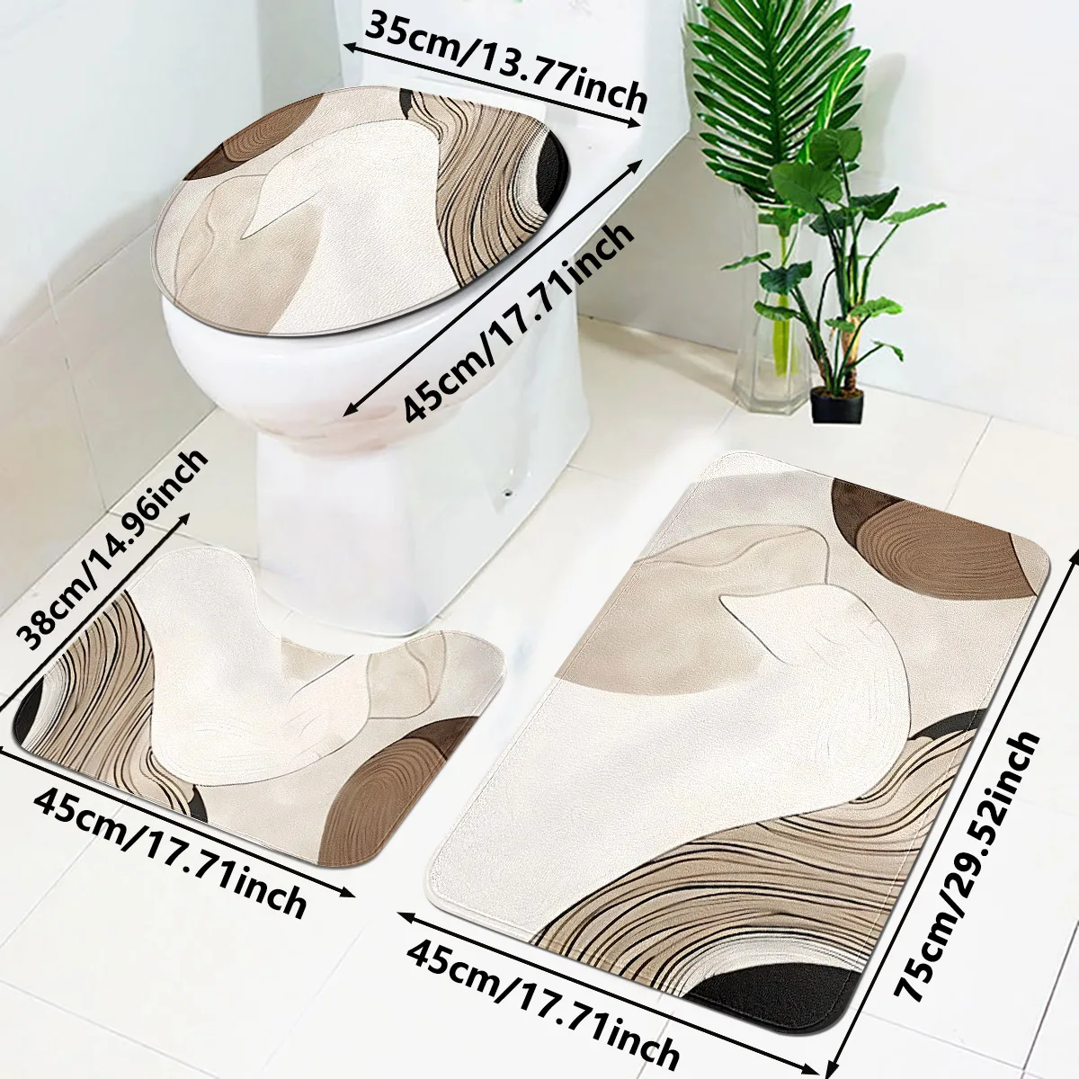 Abstract Art Curved Bathroom Mat Single Piece or 3-Piece Set - Non-Slip Toilet Mat + U-Shaped Mat + Rectangular Rug for Modern M