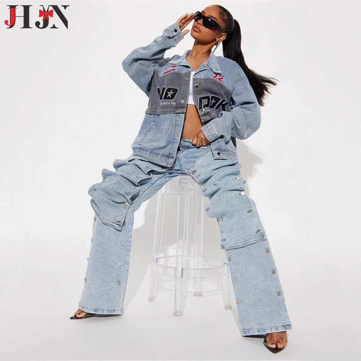 JHJN Street Trends Removable Hidden Buckle Design Irregular Jeans Straight Tube Casual Pants For Women Luxury Brand