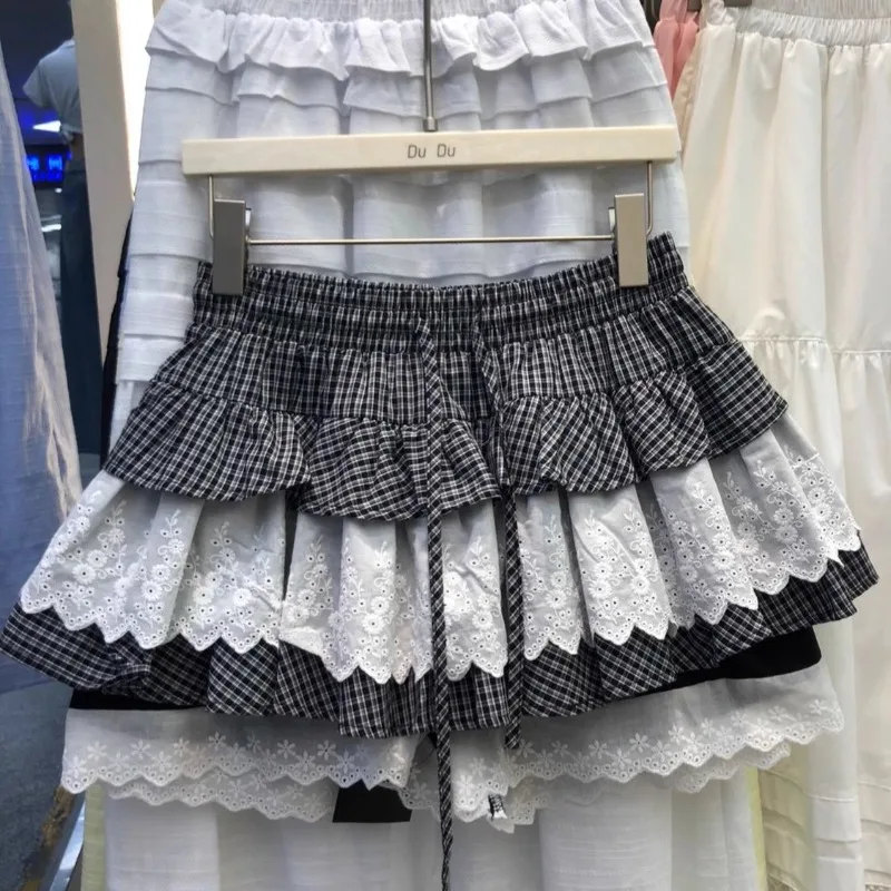 Summer Kawaii Lace Plaid Mini Skirt Women Y2K Sweet Vintage Ruffled A-Line Skirt Cute Gothic Lolita Harajuku Fashion Short Skirt
