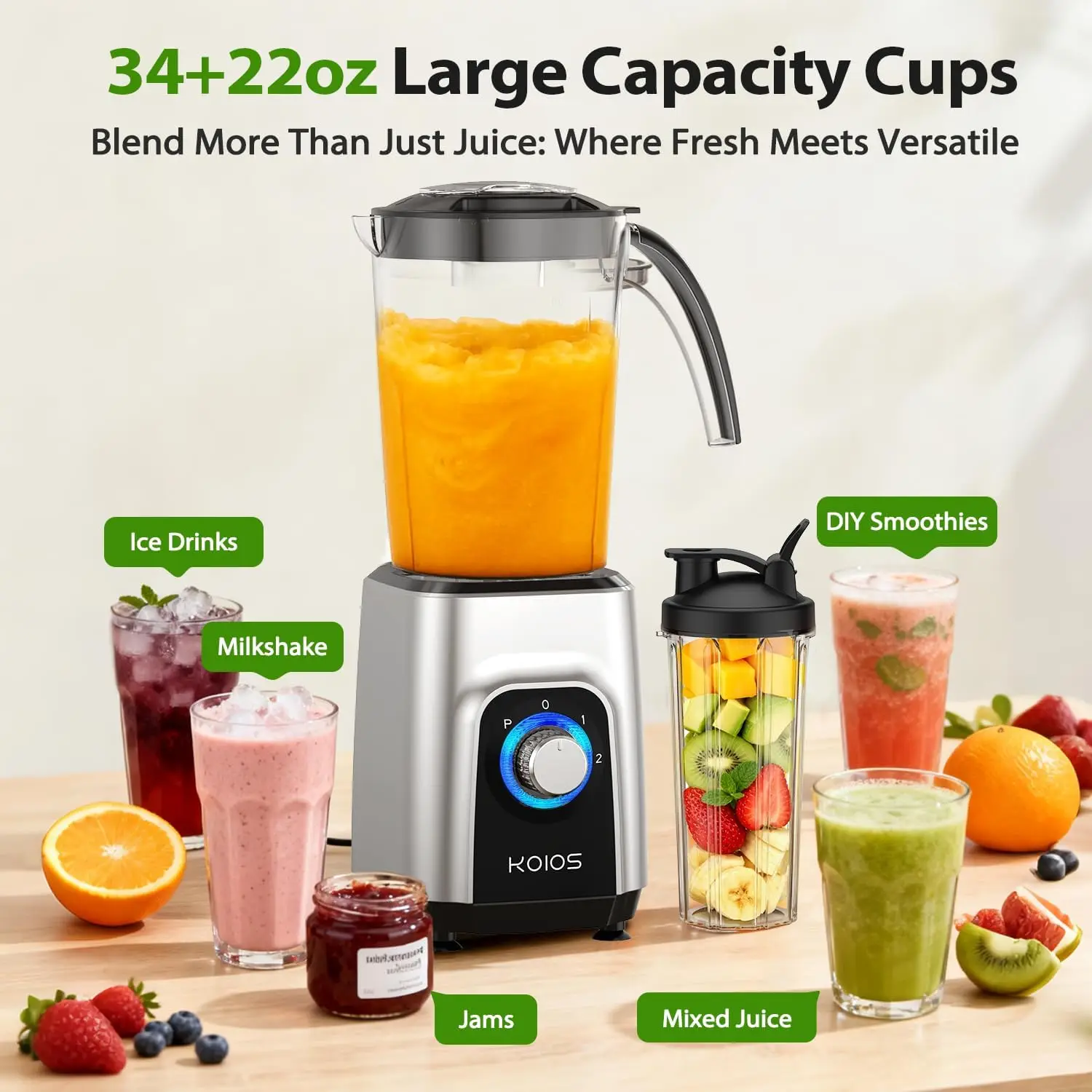 1000W Blender and Food Processor Combo, 4-in-1 Multi-Function: 34-Ounce Jar, 22-Ounce Mixing Cup, Meat Grinder, Vegetable Slicer