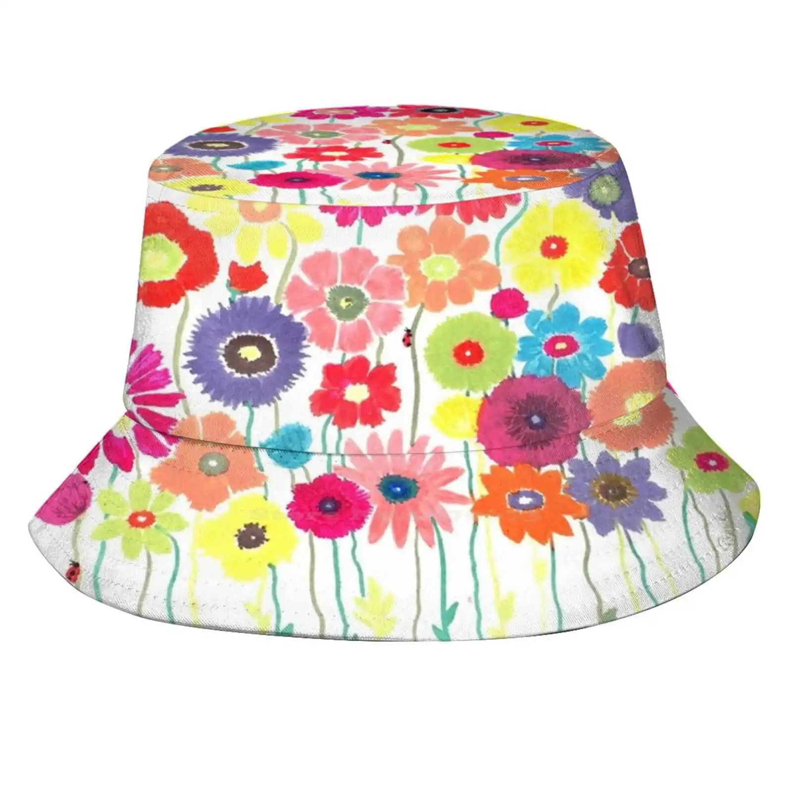 Gaby's Garden Flat Top Breathable Bucket Hats Handpainted Handpainting Wild Flowers Floral Assortment Garden Black Artist