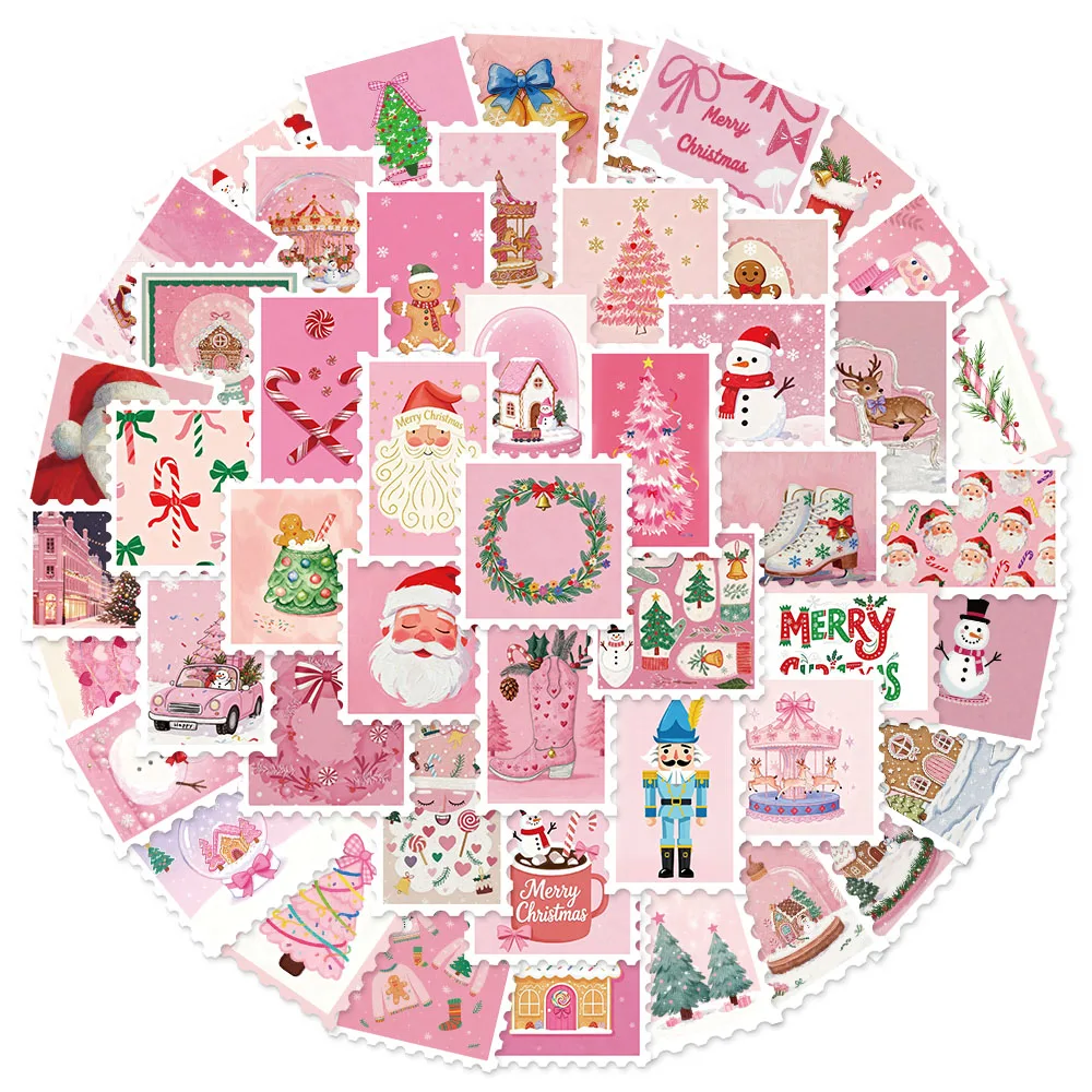 50PCS Pink Christmas Stamp Fun Sticker Set DIY Booklet Scrap Book Decorative Notebook Water Cup Christmas Label Stickers
