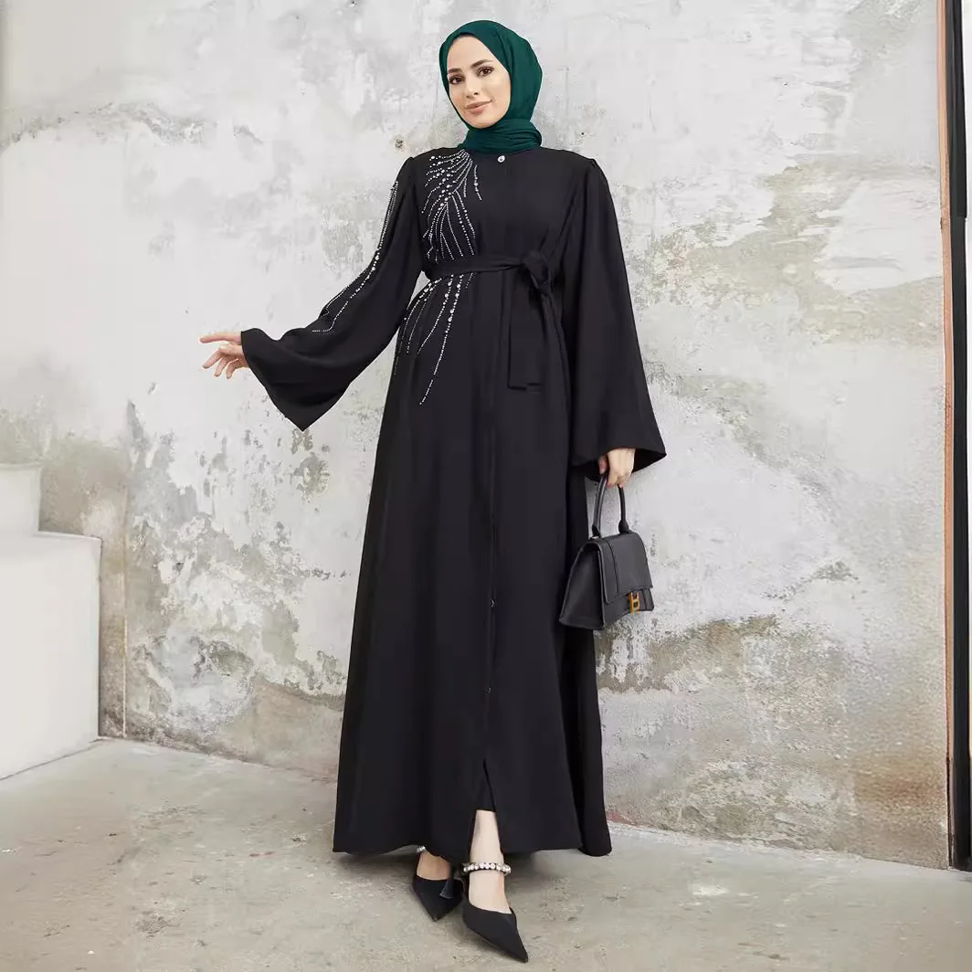 Mandylandy Abaya Middle Eastern Robe Women\'s Muslim Dress Turkey Dubai Caftan Islamic Clothing Beaded Hot Diamond Dress Abaya