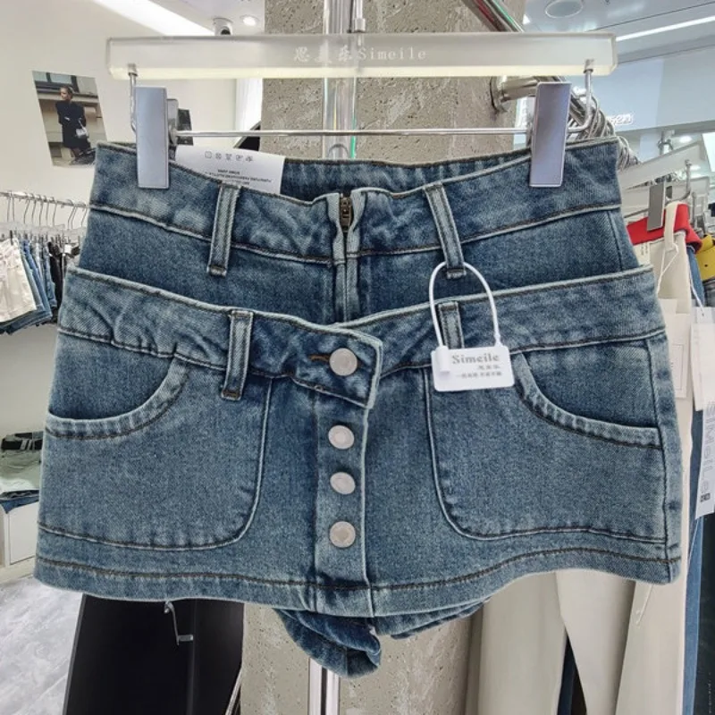 American Spice Girl High Waist Washed Denim Hip Wrap Skirt Retro Women's Anti-light A-Word Shorts Skirt