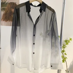 Long Sleeve Shirts Women Loose Fit Gradient Chiffon Thin All-match Streetwear Breathable See-through Unique Sexy Sun-proof Y2k