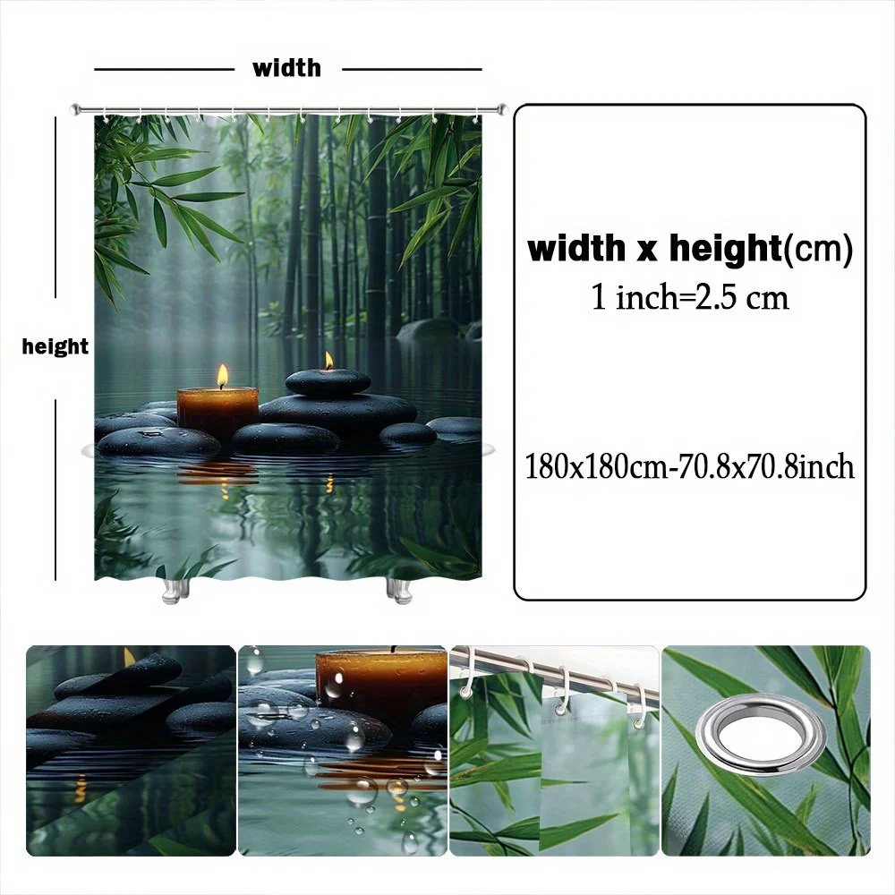 Soothing Bamboo Forest Shower Curtain for a Zen Bathroom, Featuring Tranquil Water, Stones, and Candles. This Serene 4
