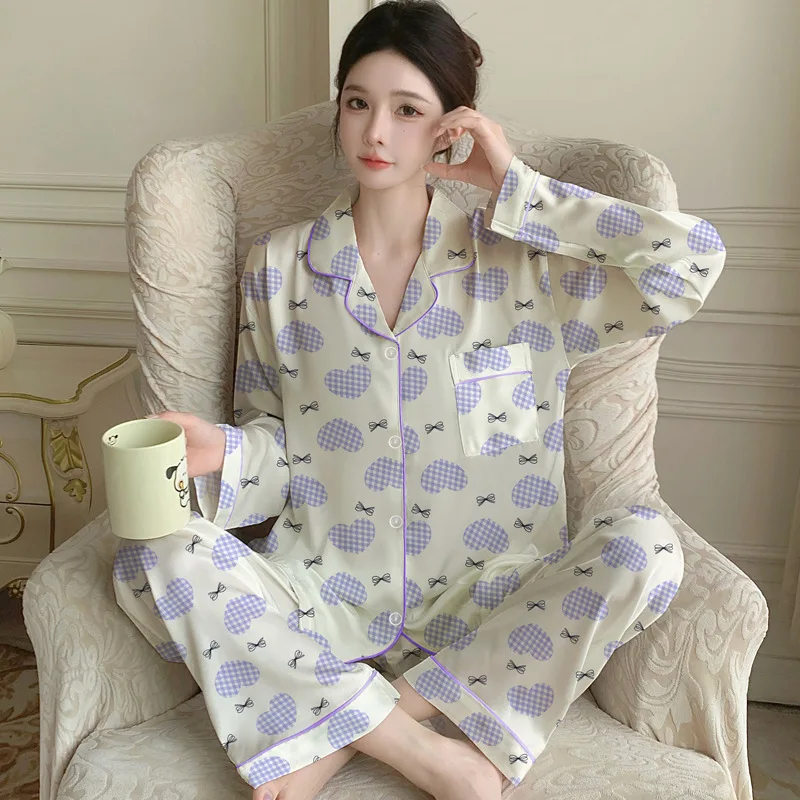 

Spring Women's Ice Silk Pajamas, Ladies' French Sweetheart Design High-End Loose Homewear Set