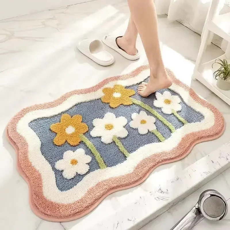 Flowers, imitation cashmere, bathroom, toilet, bedroom, absorbent, non-slip floor mat, household plush, soft carpet