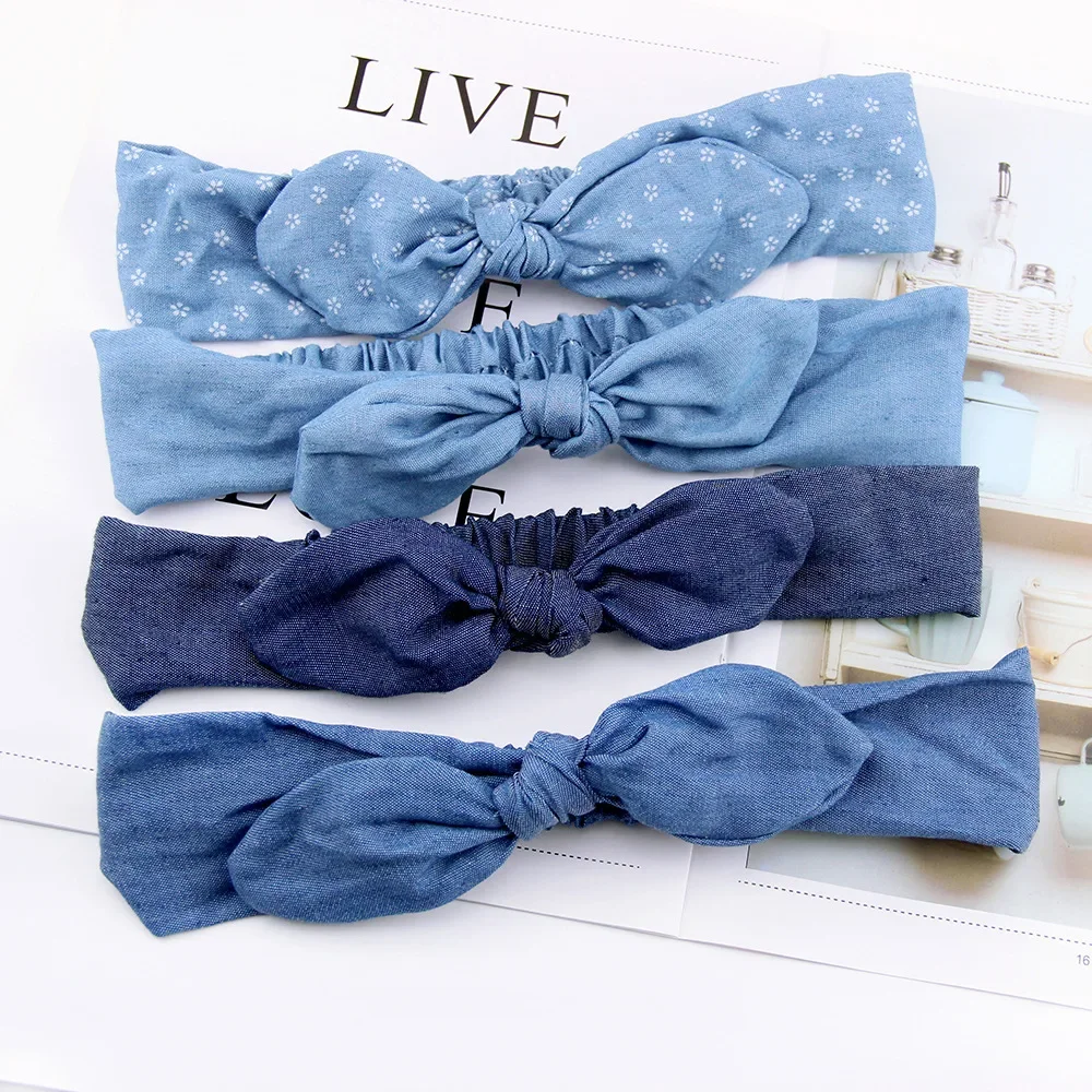 Fabric Denim Bow Tie Flower Printed Headband Elastic Hairband for Women Girl Retro Fresh Headwear Travel Makeup Hair Accessories