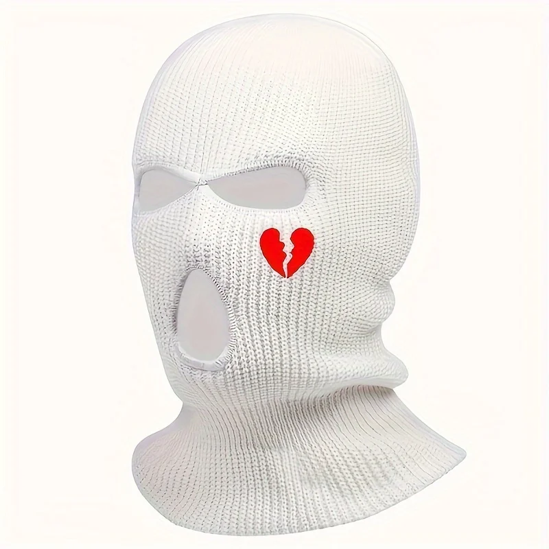 Unisex Winter Knit Hat Full Face Ski Mask Heart Embroidery Hat 3-Hole Hood, Warm Windproof Beanies Outdoor Sports Balaclava Hat