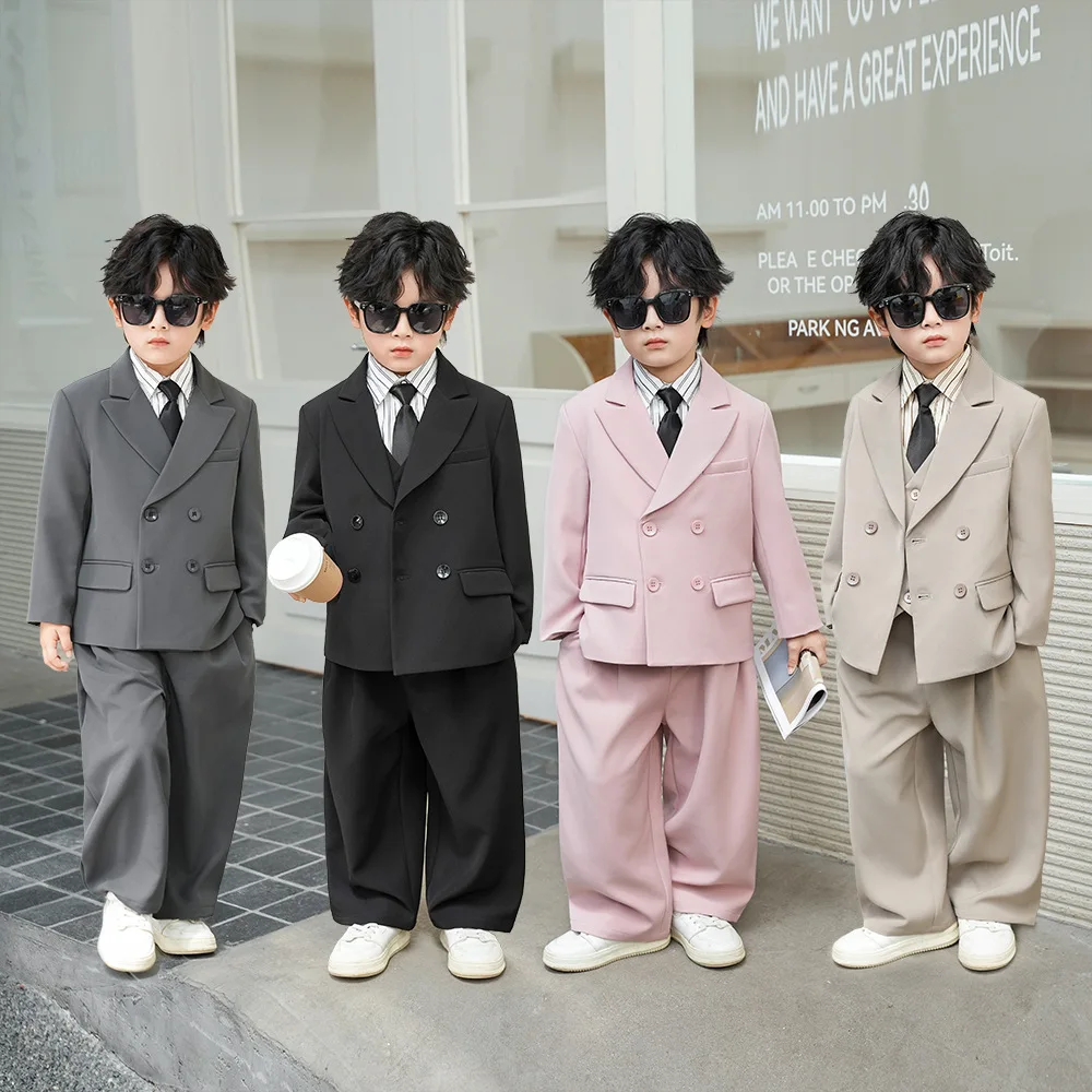 Boys Formal Suit Set Spring Fall Handsome Flower Boy Wedding Pageant Host Outfit Teen Kids Stage Show Photography Tuxedo Costume