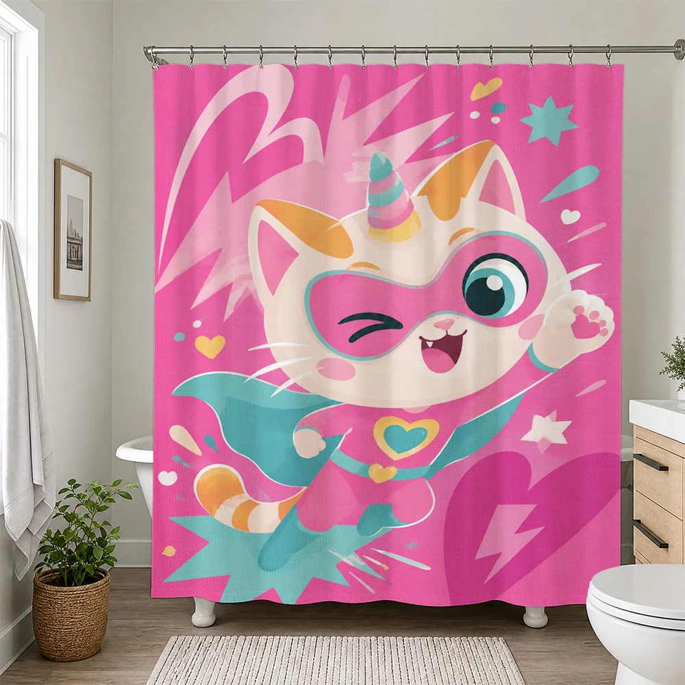 Cute Kawaii Unicorn Cat Shower Curtain Pink Rainbow Cartoon Bathroom Decor Novelty Shower Curtain