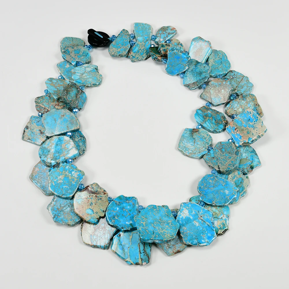 G-G 22\'\' 2 Rows Mix Color Blue Sea Sediment Imperial Jasper Crystal Necklace Handmade For Women