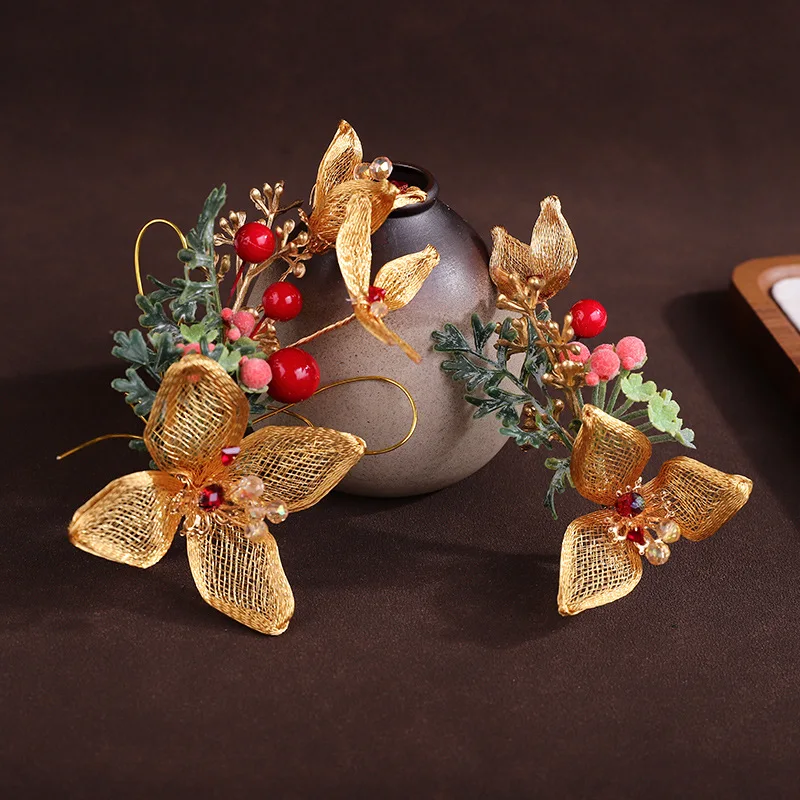 Lucky Bracelet Hand String Original Chinese Bride Golden Mesh Flower Hair Accessories Xiuhe Headwear Hanfu Toast Hair Pin Wealth
