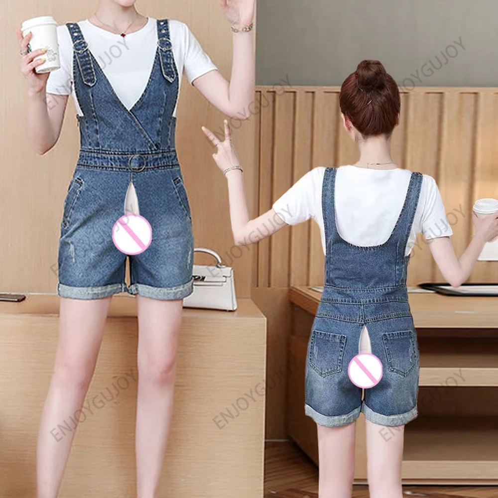 

Invisible Open Crotch Outdoor Sex Denim Suspender Pants Women's Casual Shoulder Strap Shorts Summer Loose Wide Leg Trousers