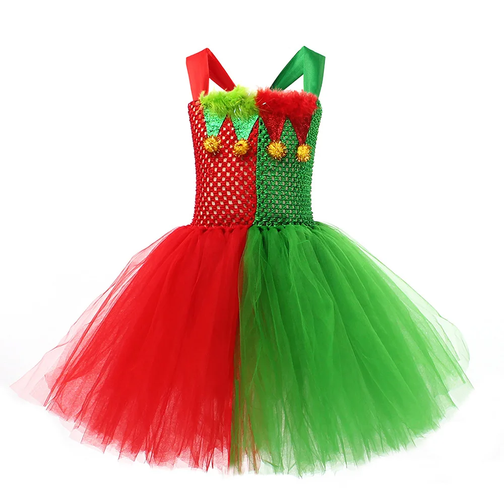 Girls Christmas Elf Costume Kids Sparkly Sequins Tulle Tutu Dress Xmas Holiday Santa Family Party Performance Children's Costume