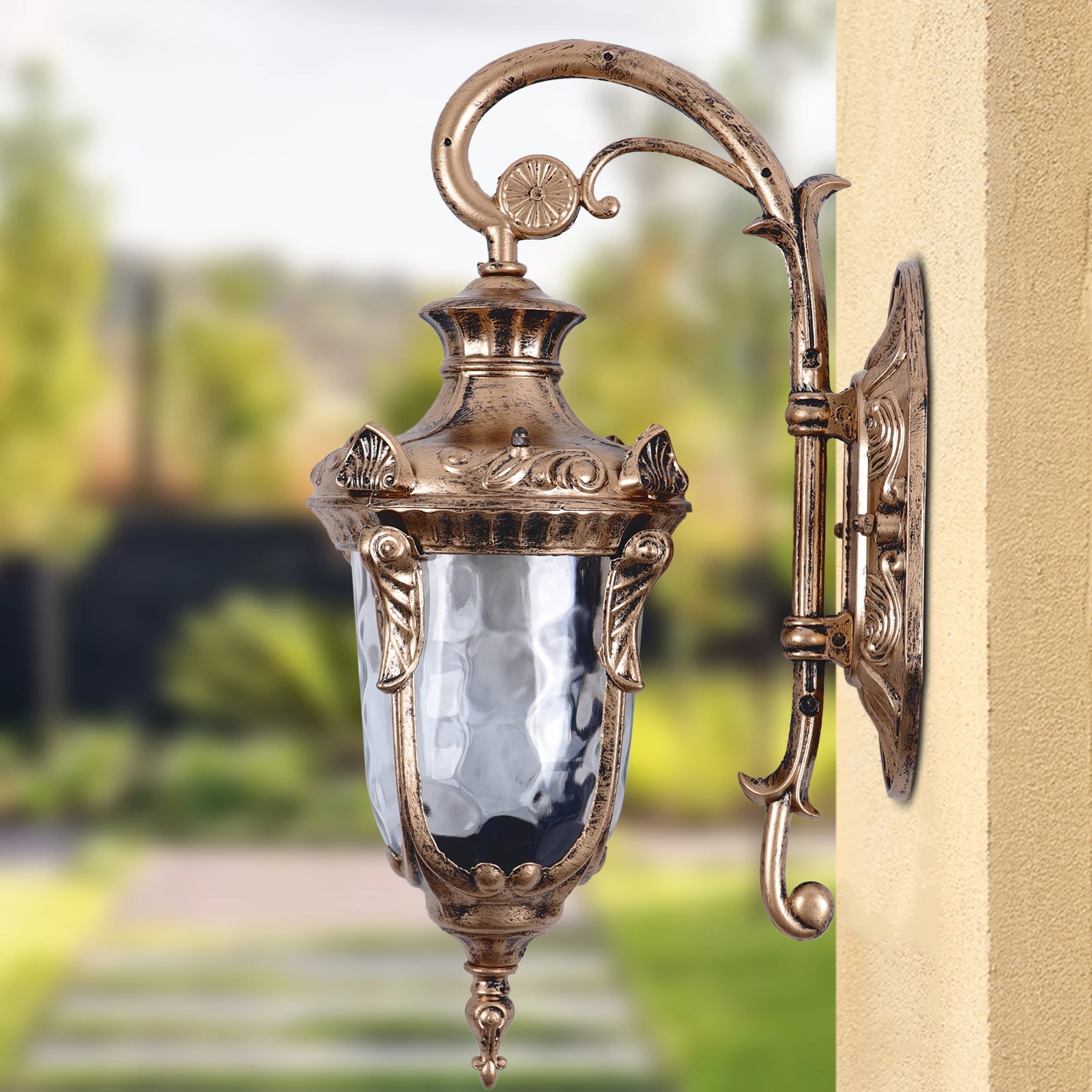 Outdoor Wall Light Fixtures Bronze Exterior Wall Lantern Waterproof Sconce Porch Lights Wall Mount with Hammered Glass Shade