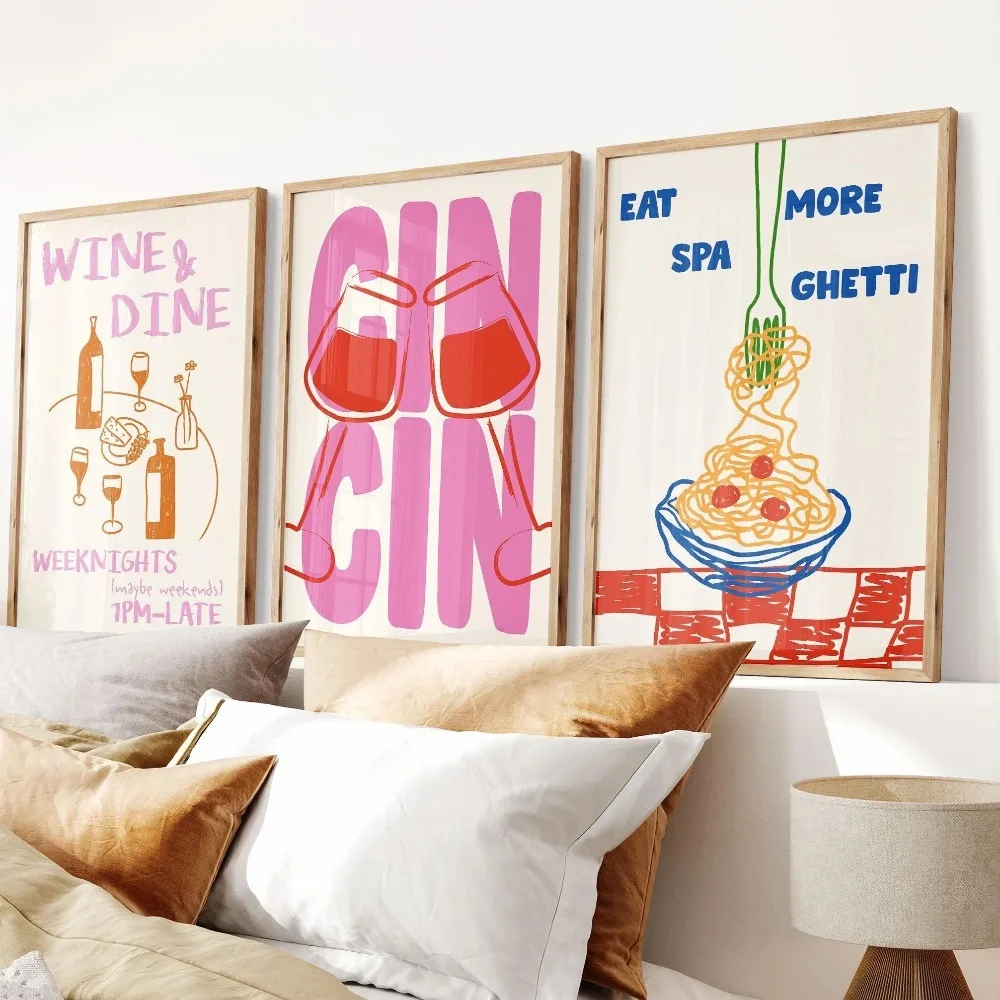 3pcs Frameless Cin Cin Cheers Wall Art,Retro Happy Hour Cocktail Poster,Pasta Lover Italian Food Printing,Bar Cart Kitchen Decor