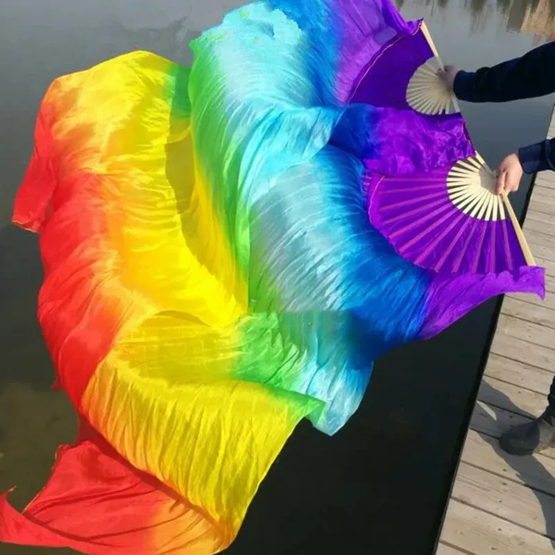 Veli a ventaglio di danza del ventre in vera seta al 100% Ventaglio lungo pieghevole Colore arcobaleno Ragazza Adulti Taglia 1.2/1.5/1.8/2.1m Professiona