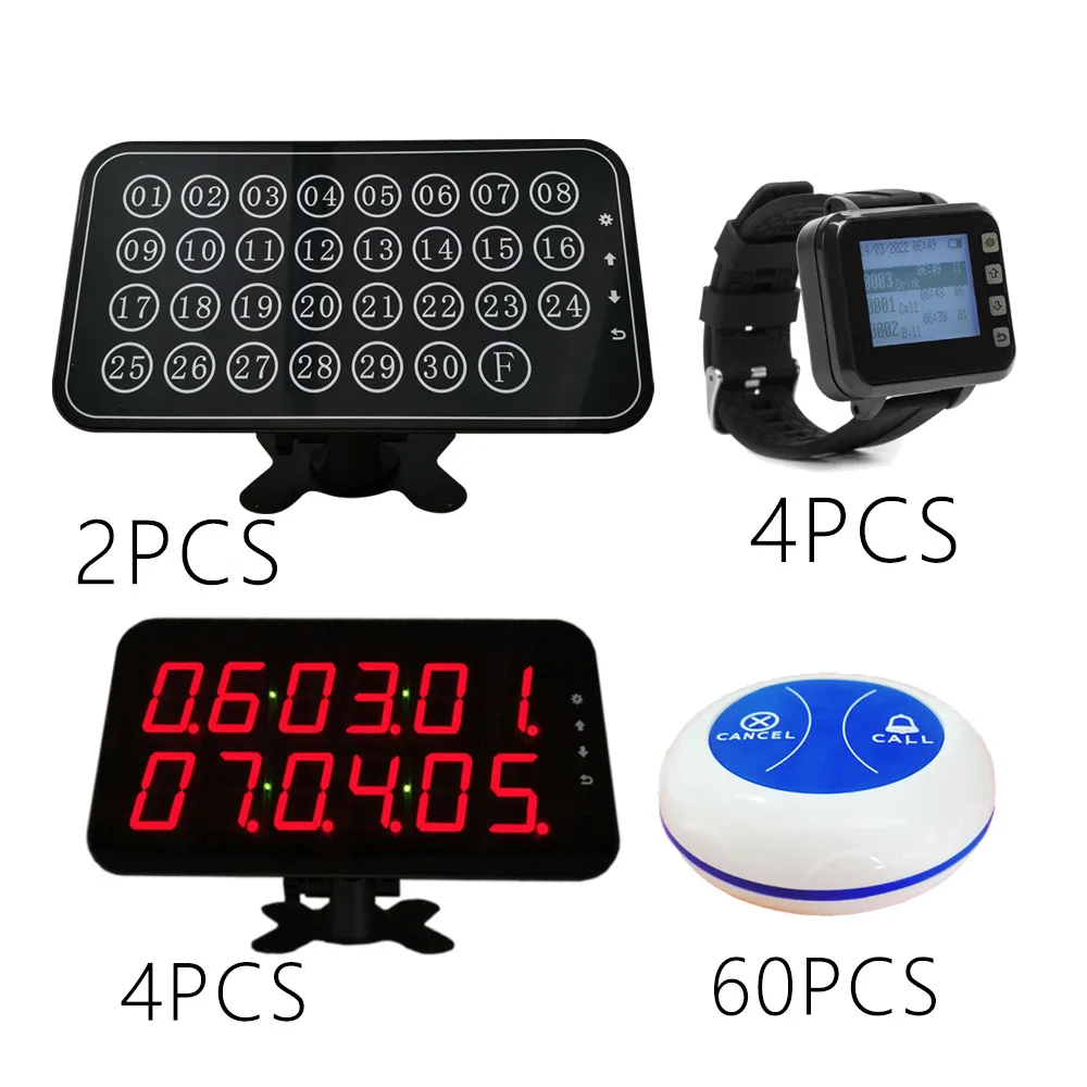 Restaurant Pager Wireless Calling System Waiter Table 60 Buttons 6 Screen Display Receiver 4 Watches