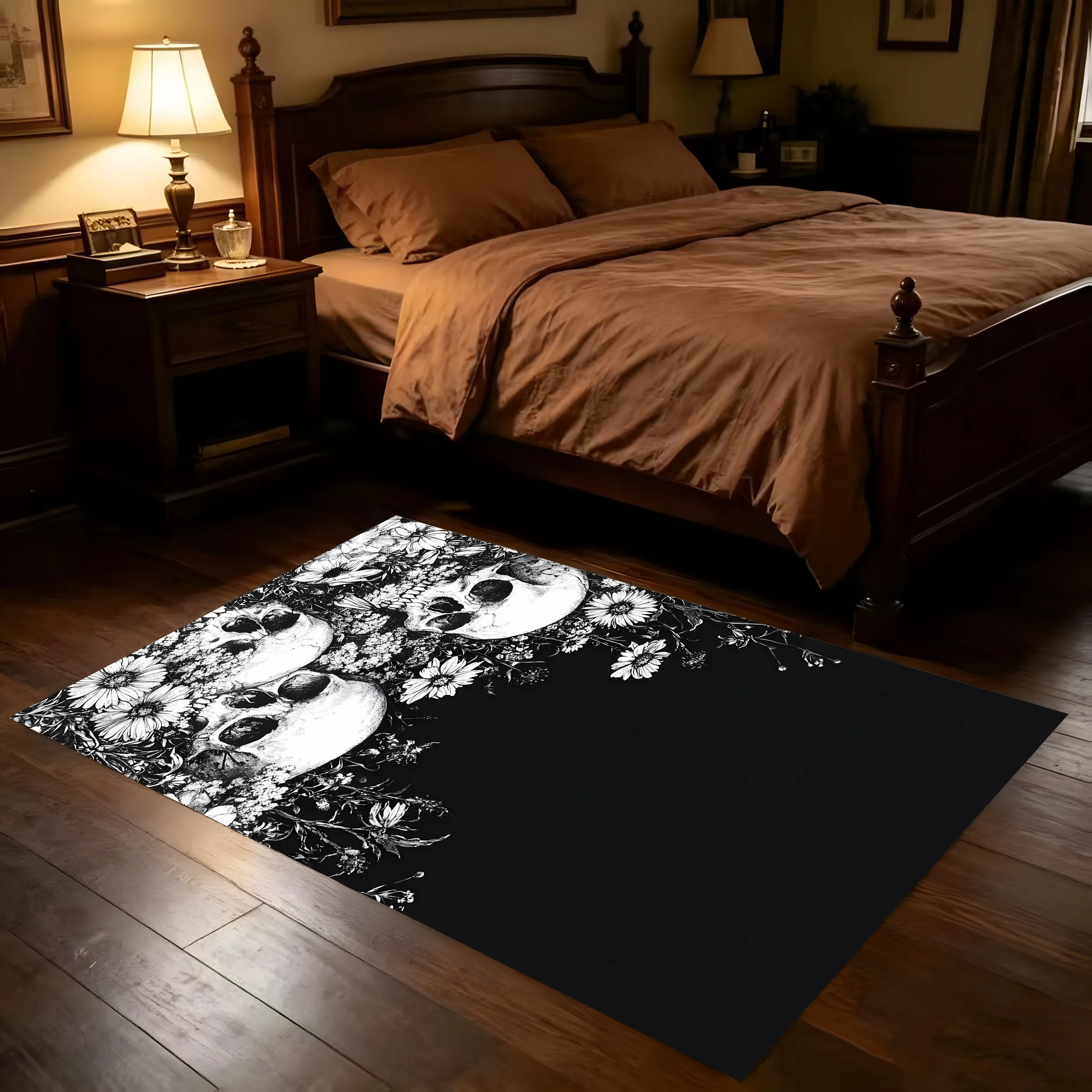 Black White Skull Daisy Mosaic Print Gothic Halloween Velvet Rug for Entryway Gaming Room Bedroom Sophisticated Decor