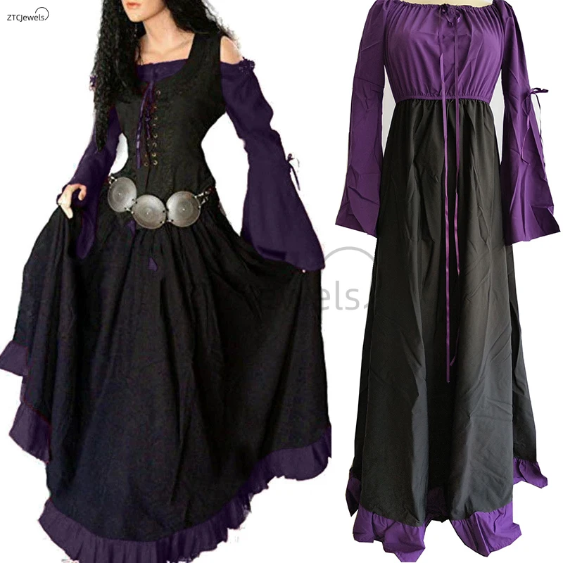 

Women's Medieval Long Sleeve Off Shoulder Maxi Dress Halloween Vintage Gothic Style Corset Waist Flare Sleeve Victorian Dress