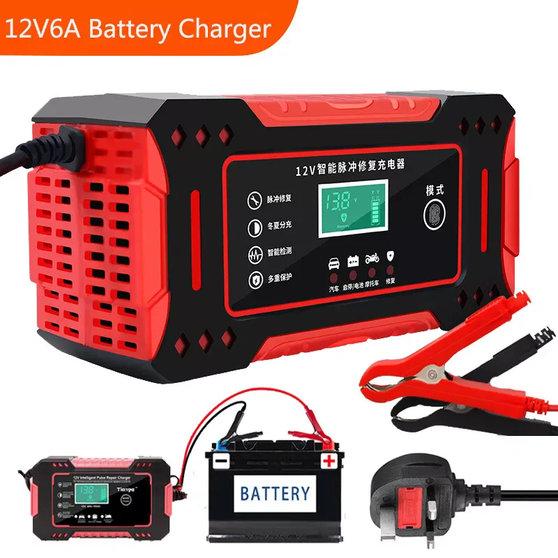 Car Battery Charger 12V 6A Intelligent Fast Charging Pulse Repair Type Full Auto-Stop Dual-Mode Lead Acid AGM/GEL UK