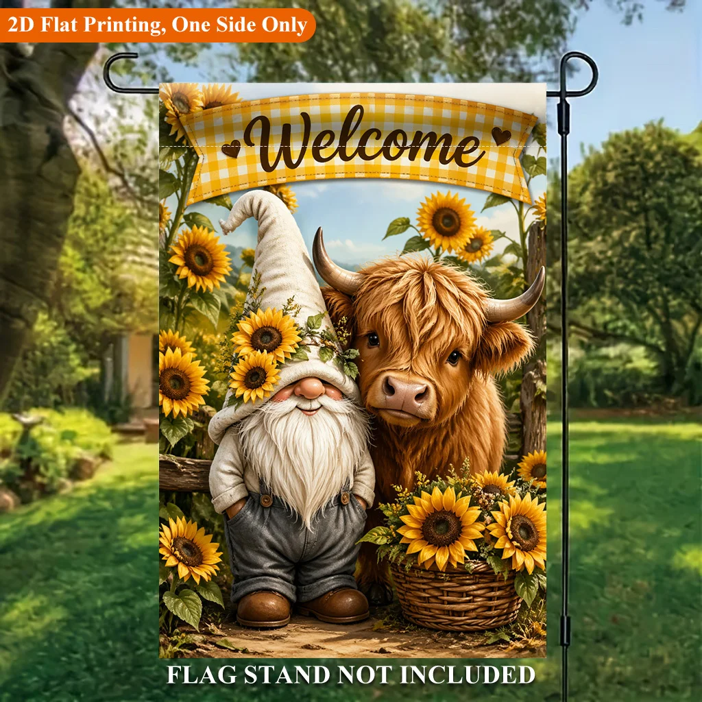 2D Flat Garden Flag 1 Piece, Smiling Dwarf and Cow Sunflower Single-sided Polyester Garden Flag, Holiday Garden Outdoor Flag, Suitable for Outdoor Home and Garden Holiday Decoration, Valentine's Day, Mother's Day Halloween, Flagpole Free (Flags Only)