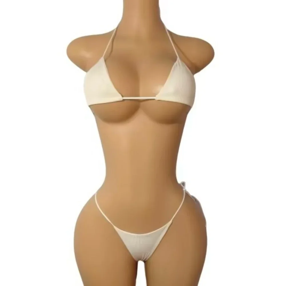 Beachwear Pool Party White Thong Bikini Set Brazilian Split Bandage Style Split Design Adjustable Straps Quick Dry