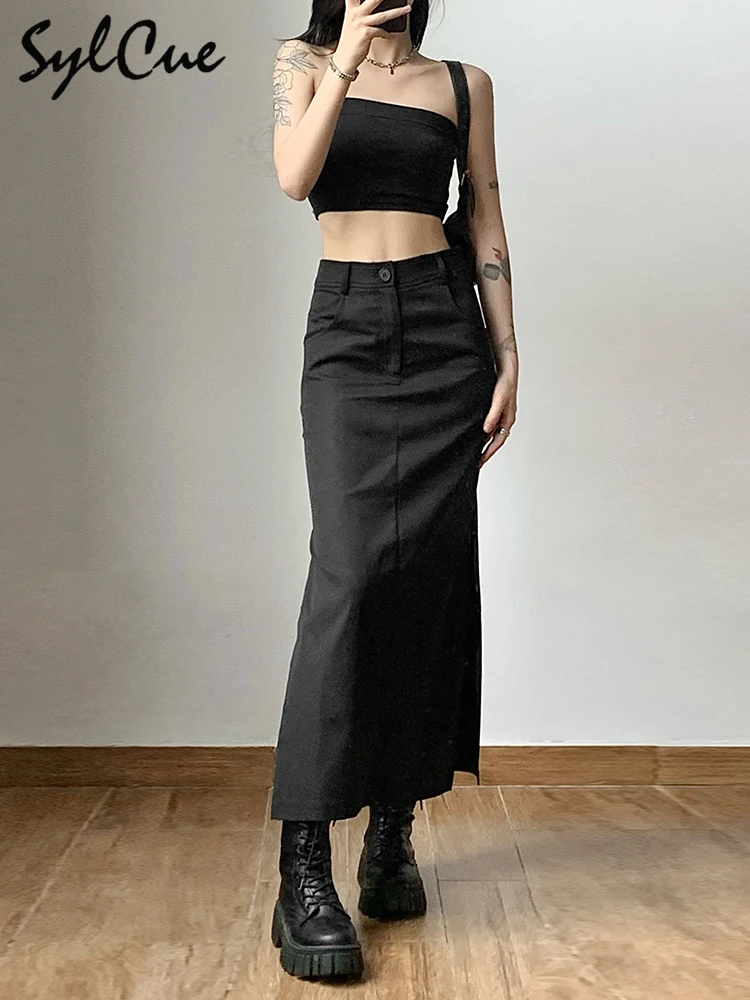 Nibber Simple Black Split Sexy Slim Hot Versatile Light Cool Thin Summer Women's Mature Feminine Charm Street Skirt Long