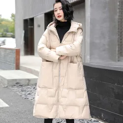 Piumini lunghi 90 piumino d'anatra bianco cappotto donna di grandi dimensioni sciolto caldo con cappuccio inverno nuova moda Casual abbigliamento donna