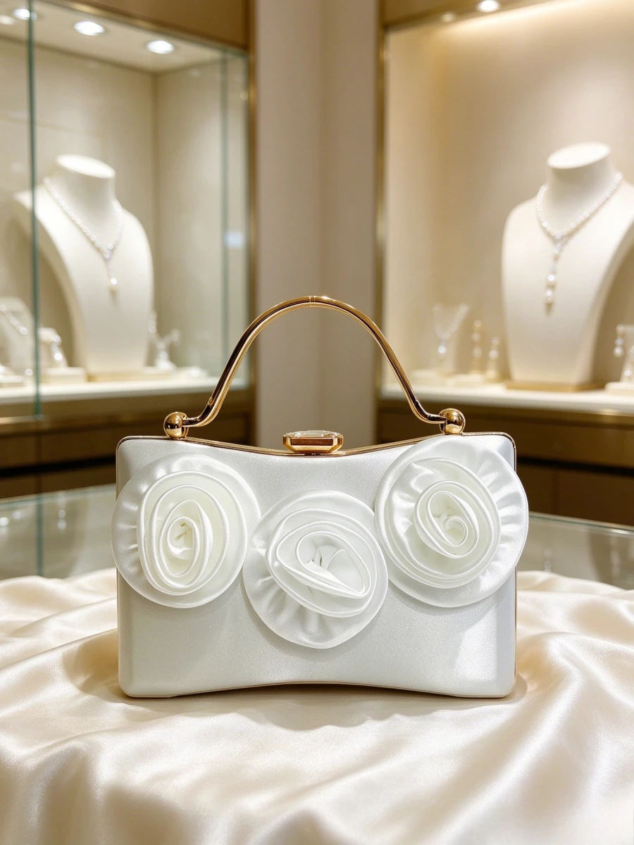 Ivory Satin Floral Evening Handbag 3D Rose Flower Decor Metal Frame Top Handle Purse Wedding Formal Clutch For Middle Aged Women