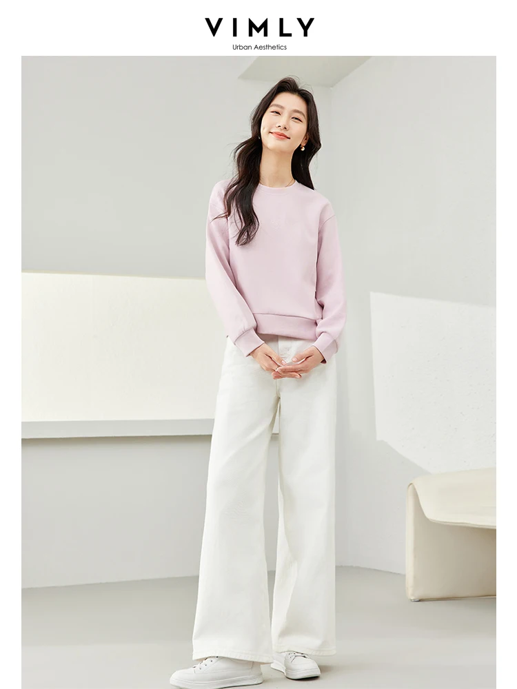 Vimly Lazy Style O-neck Pink Short Women\'s Sweatshirt 2024 Spring Straight Loose Solid Pullovers Long Sleeve Top for Woman M6550