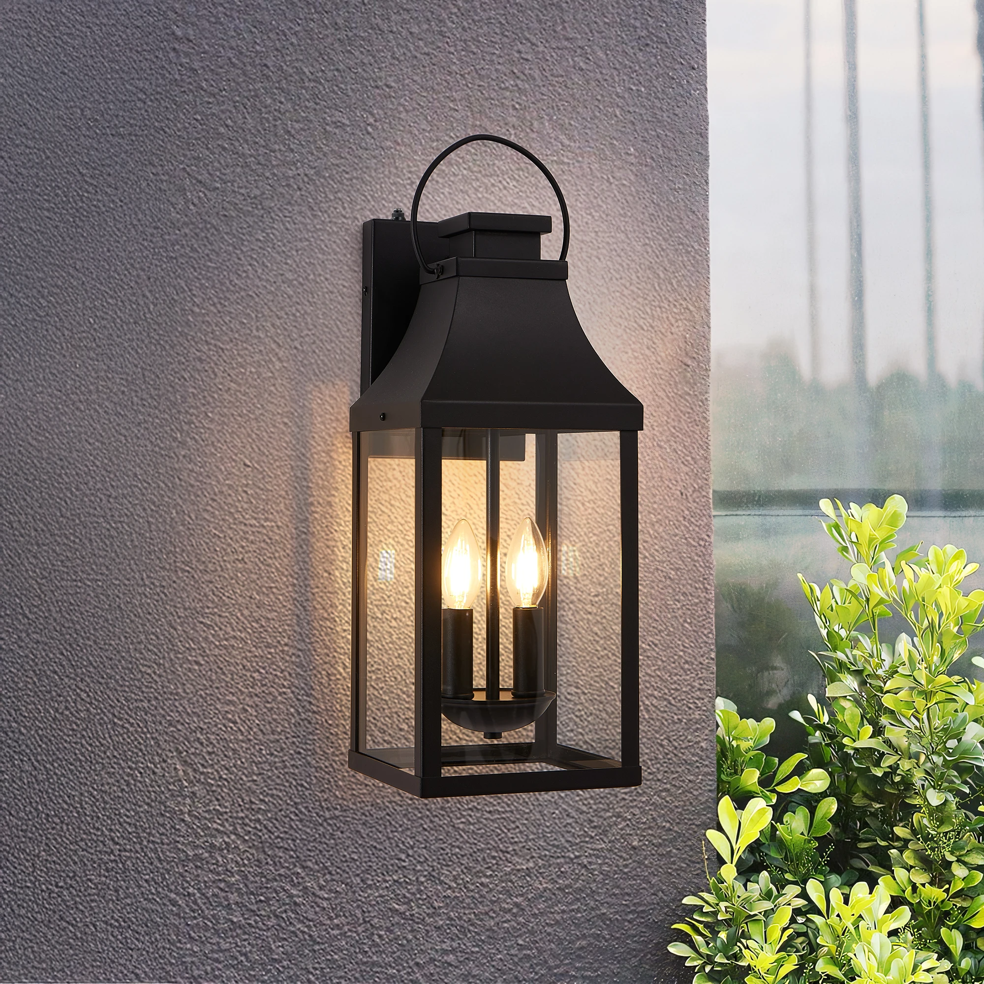 20 Inch Dusk to Dawn Outdoor Wall Lantern, Black 2-Light Porch Sconce with Clear Glass, E12 Exterior Wall Light Fixture for Front Door, Patio, Garage, Bulbs Not Included