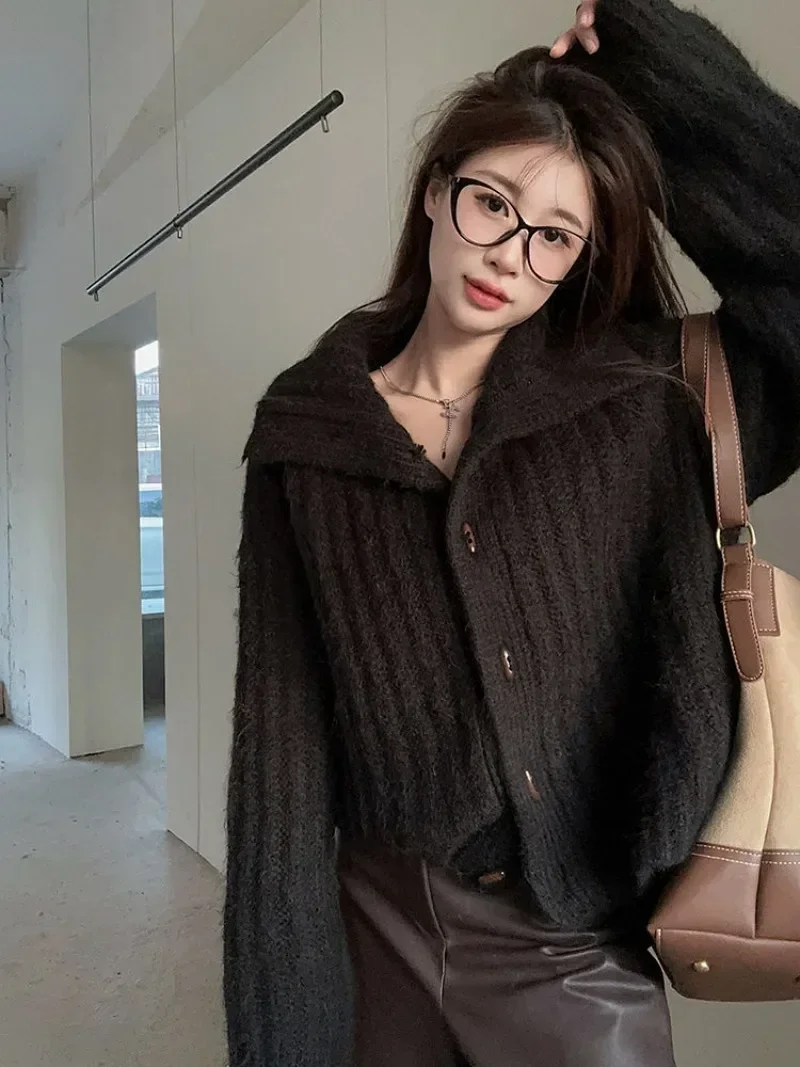 Thicken Winter Clothes Turtleneck Short Jacket Vintage Khaki Bull Horn Button Sweater Coats Korean Fashion Women Loose Cardigans